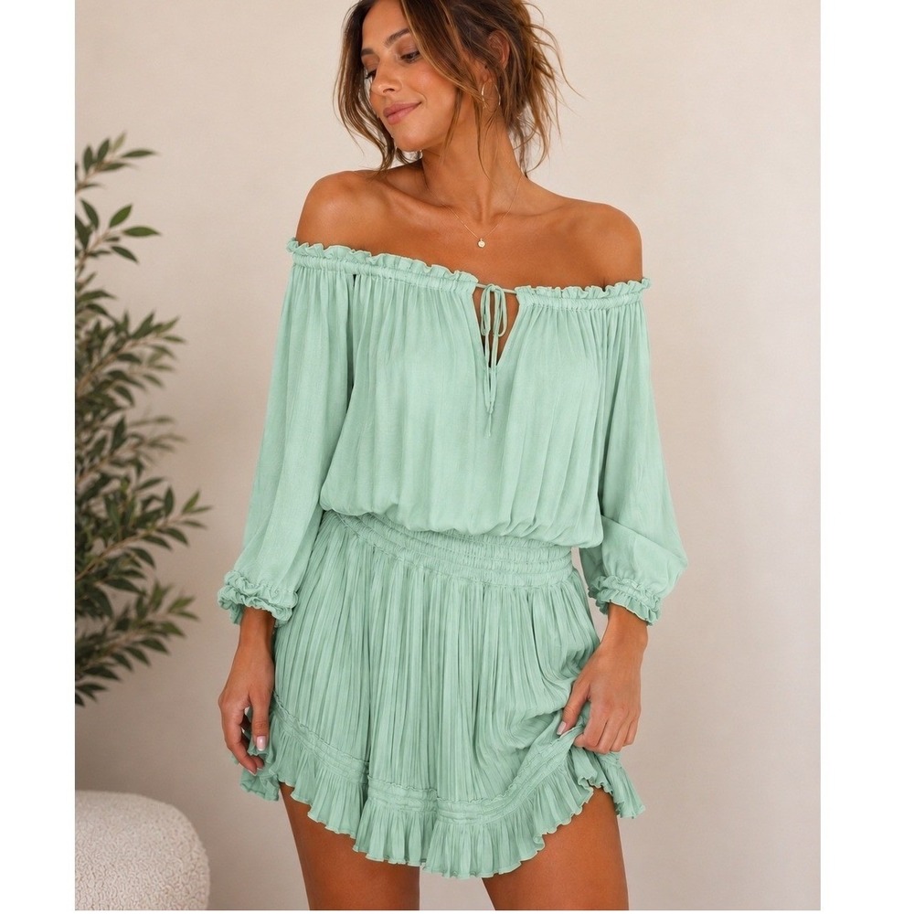 Victoria's Secret Seafoam Green Smocked Drop Waist Pleated Dress L Boho Coquette